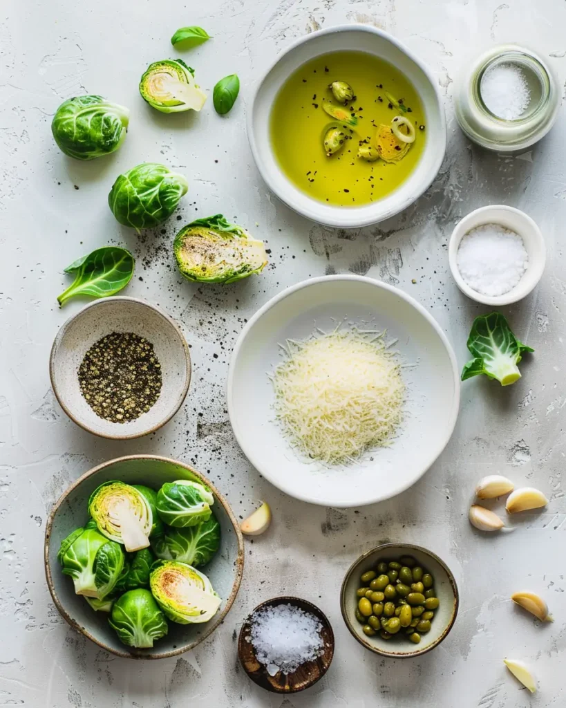  Ingredients for Crispy Parmesan Brussels Sprouts laid out on a white counter.