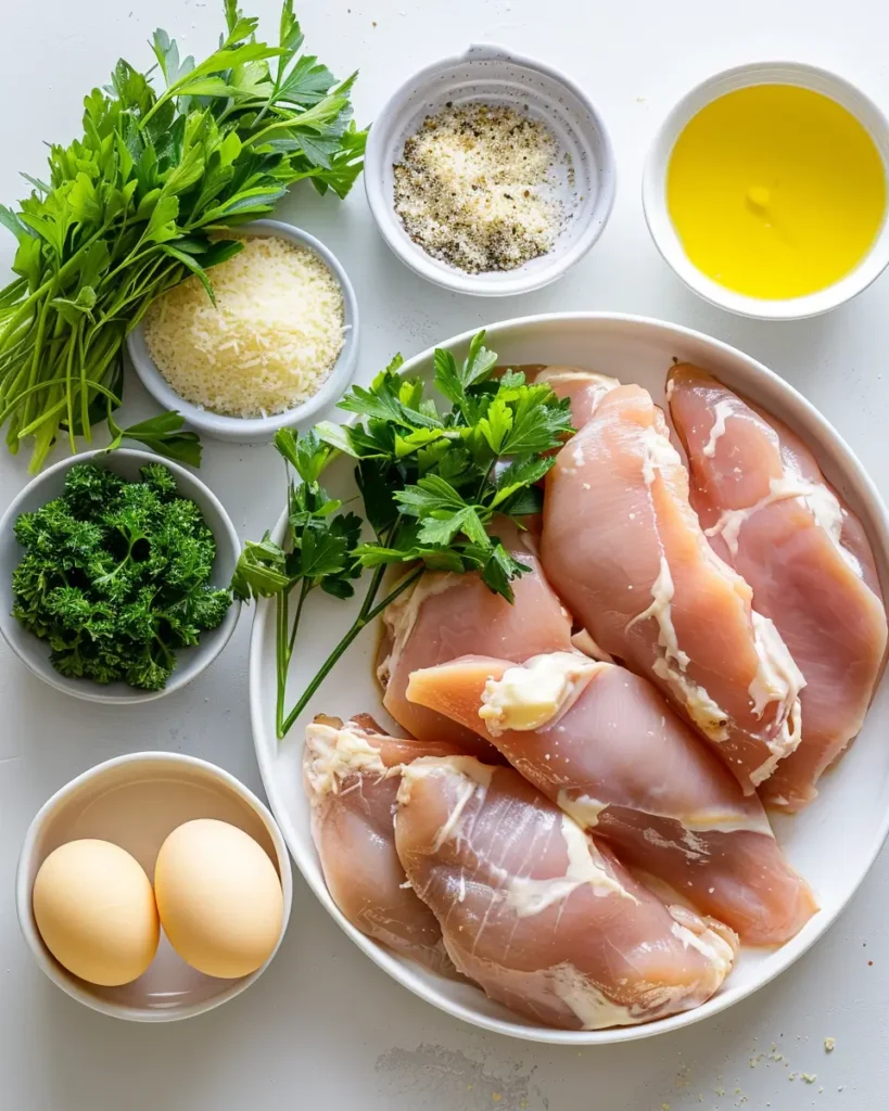 Ingredients for Garlic Parmesan Crusted Chicken laid out on a white kitchen counter.