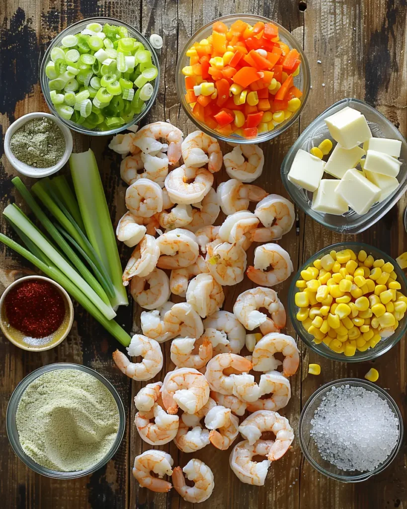 Ingredients arranged for making shrimp and corn bisque  