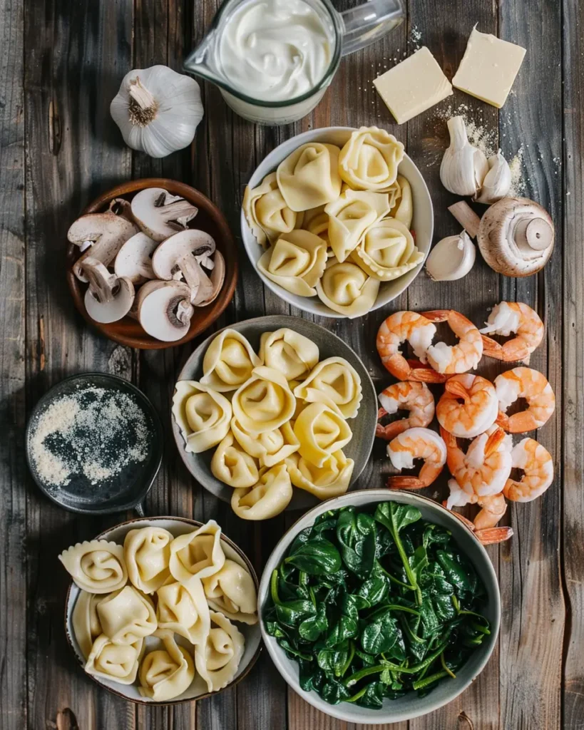 Ingredients for Shrimp & Mushroom Creamy Tortellini laid out on a wooden counter  