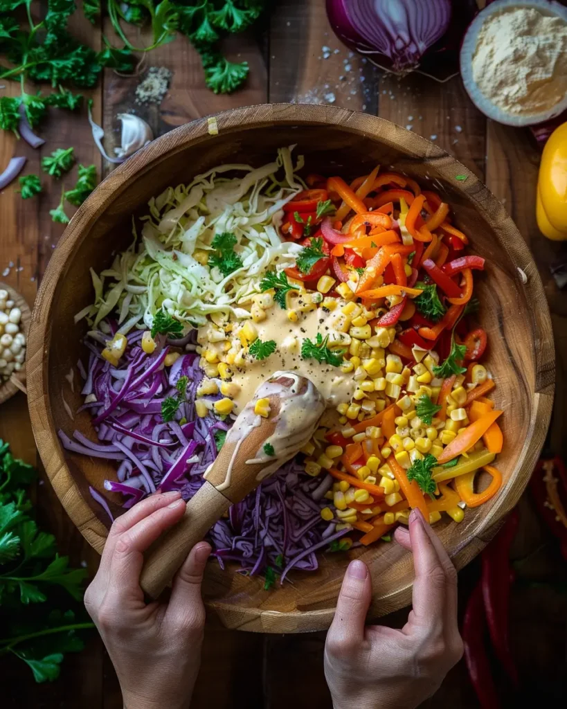 Mixing colorful slaw with creamy dressing and fresh vegetables.