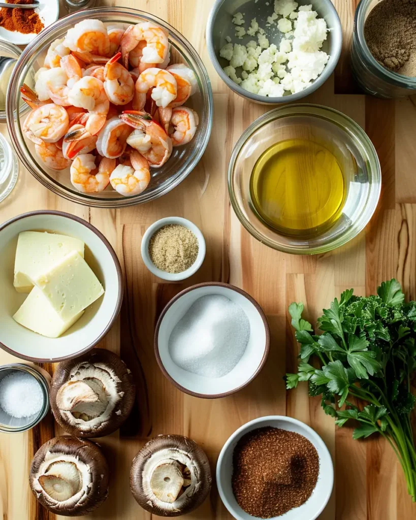 Flat lay of raw ingredients for Cajun shrimp-stuffed mushrooms.
