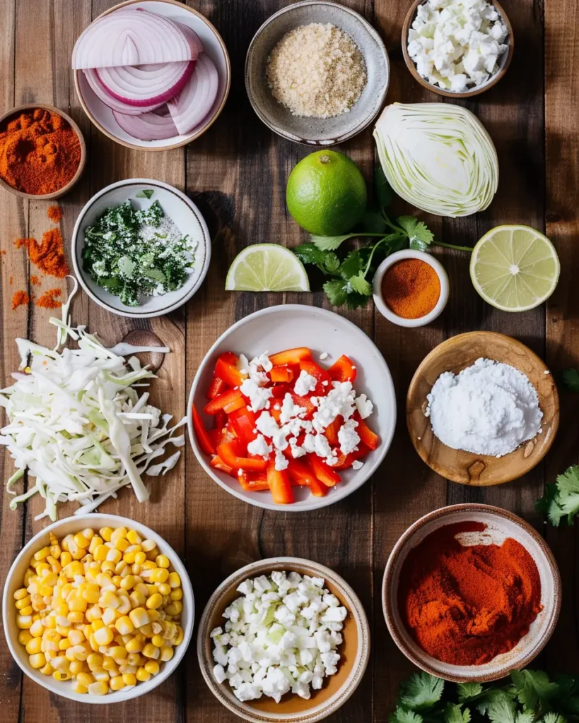 Flat lay of all ingredients for Mexican street corn coleslaw recipe.
