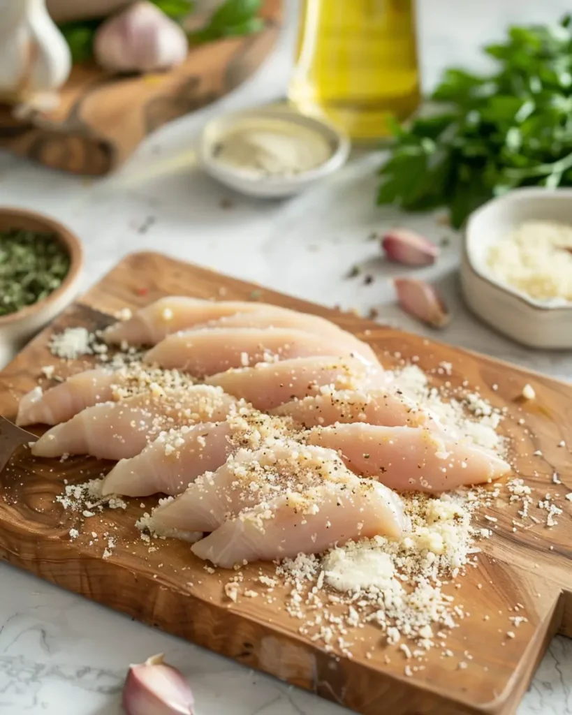 Raw chicken breasts coated with parmesan, breadcrumbs, and garlic mixture on a wooden board.