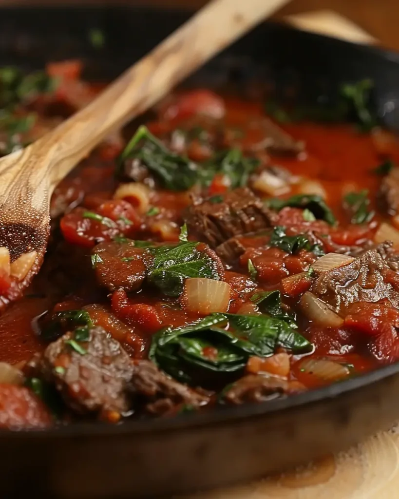 spinach, and tomatoes simmering in skillet