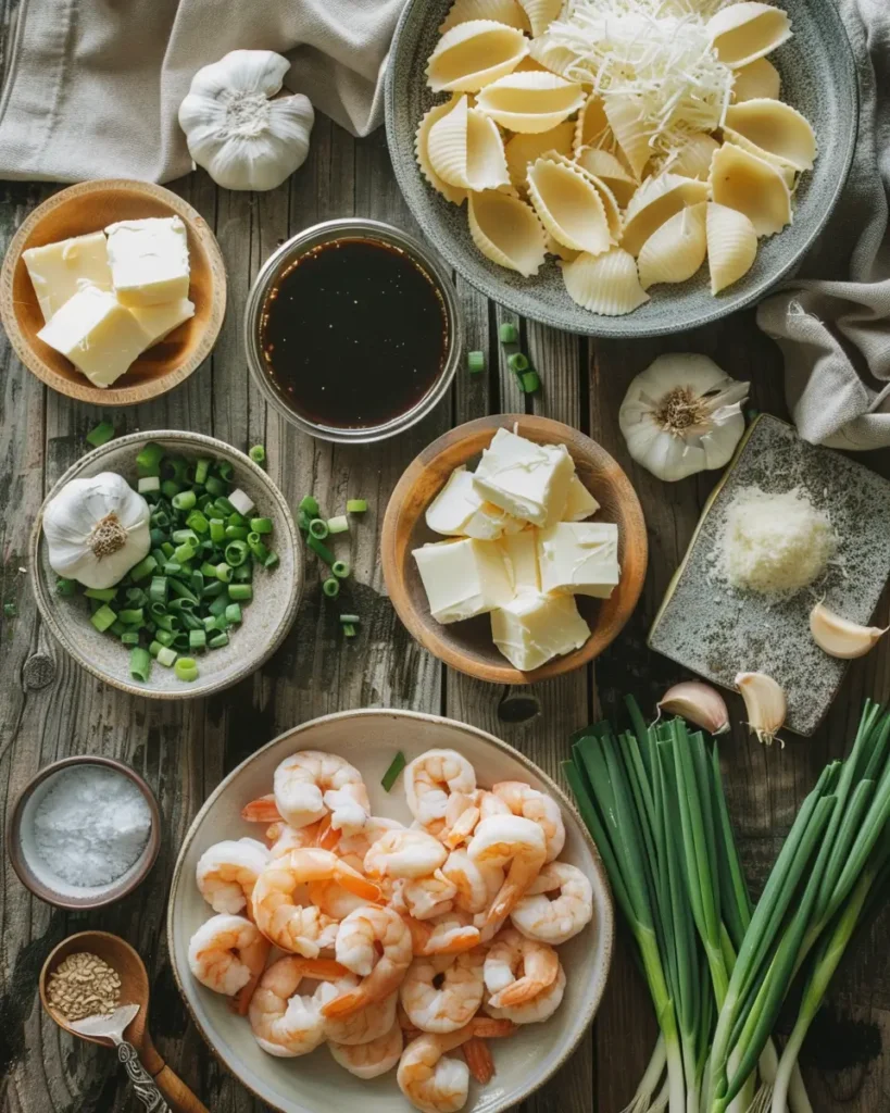 Flat lay of ingredients for honey garlic shrimp pasta shells bake