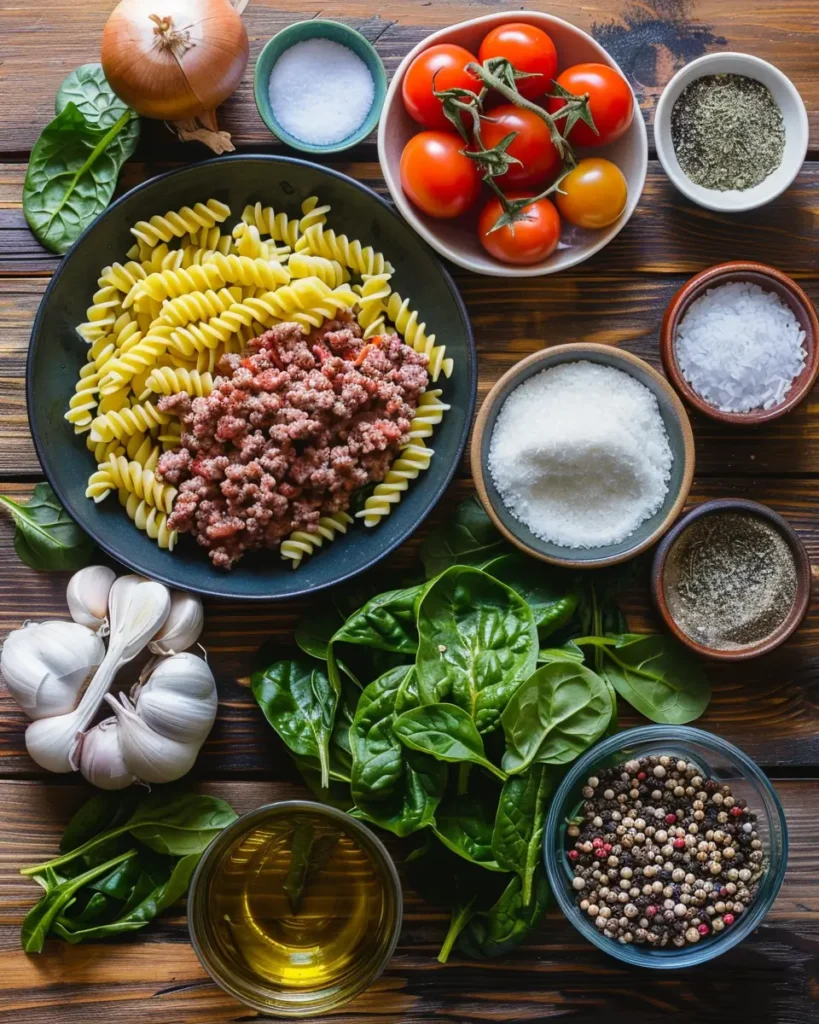  Flat lay of ingredients for one-pan pasta