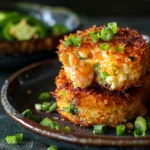 Shrimp-stuffed cheddar jalapeño grit cakes stacked with melted cheese and green onions