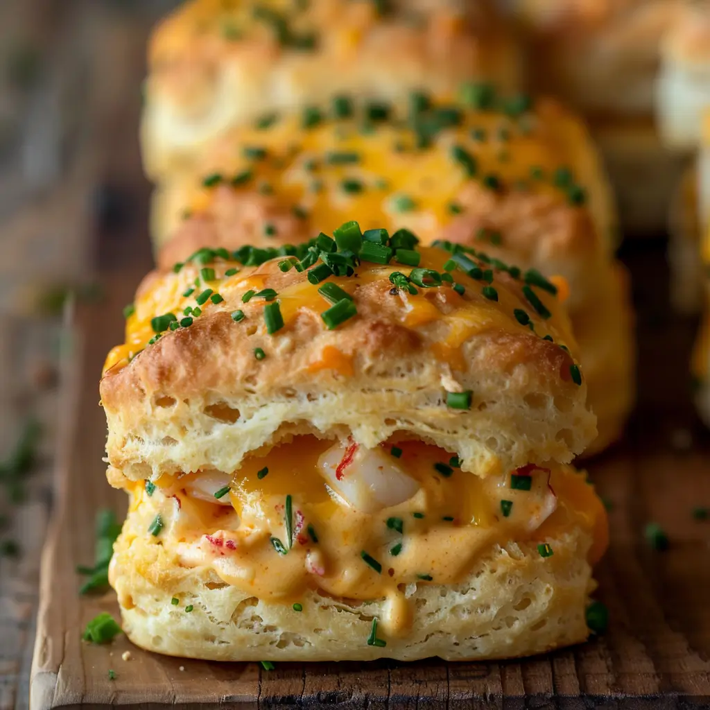 Lobster-stuffed cheddar biscuit sliders stacked on a wooden board, garnished with chives