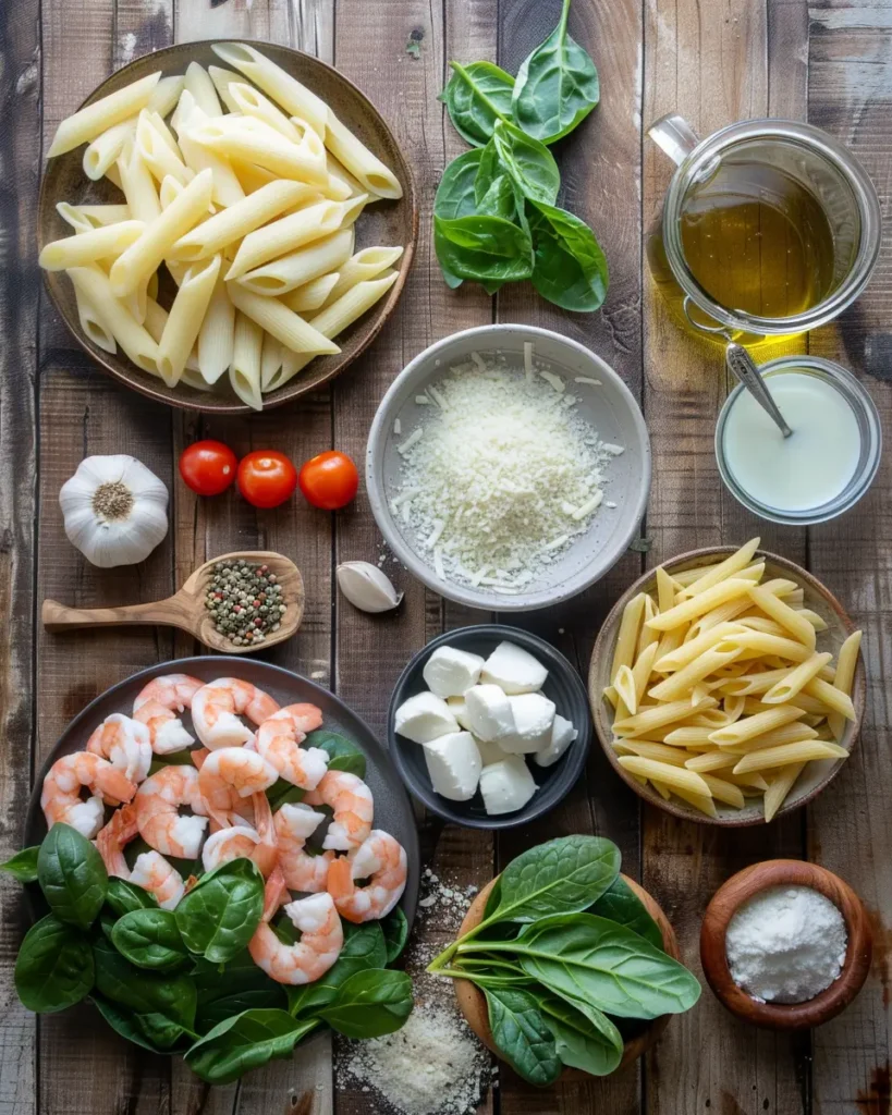 Ingredients for Creamy Tuscan Shrimp & Spinach Pasta Bake arranged on a wooden table