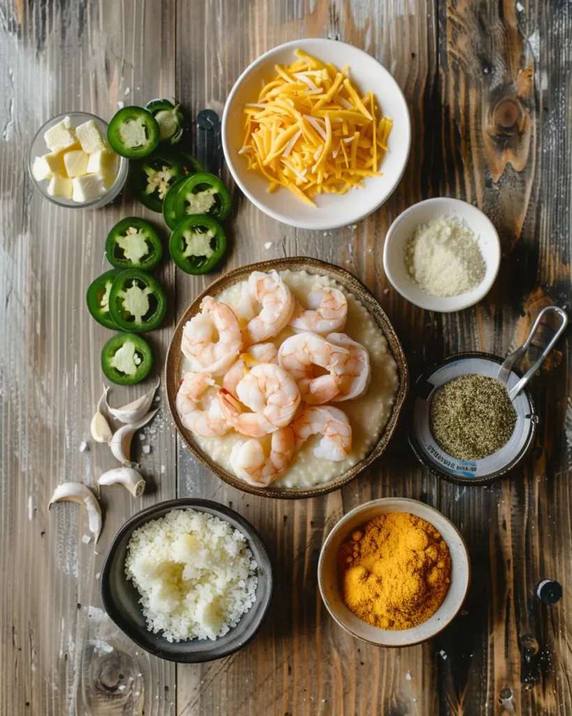  Ingredients for shrimp-stuffed cheddar jalapeño grit cakes displayed on a rustic table