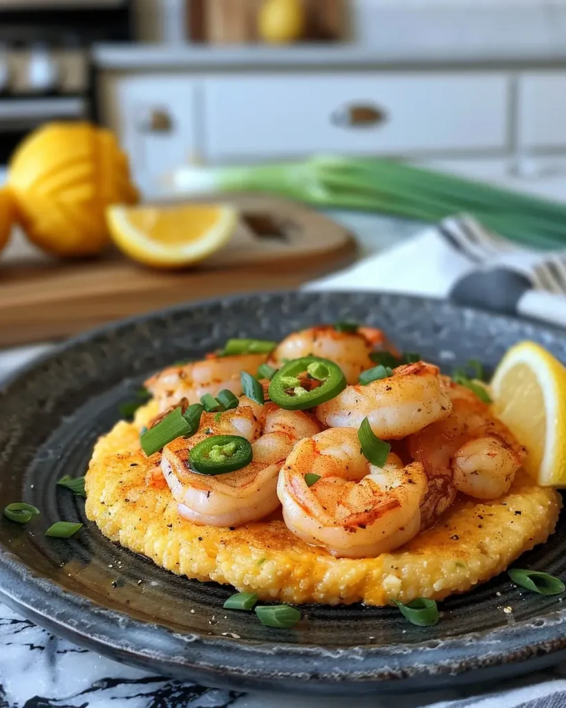 Plated shrimp-stuffed cheddar jalapeño grit cakes with green onion garnish