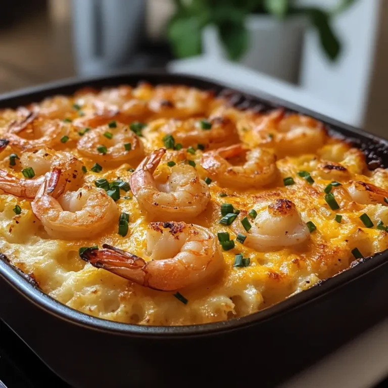 Close-up of a cheesy shrimp & grits bake in a cast iron skillet with seared shrimp and green onions