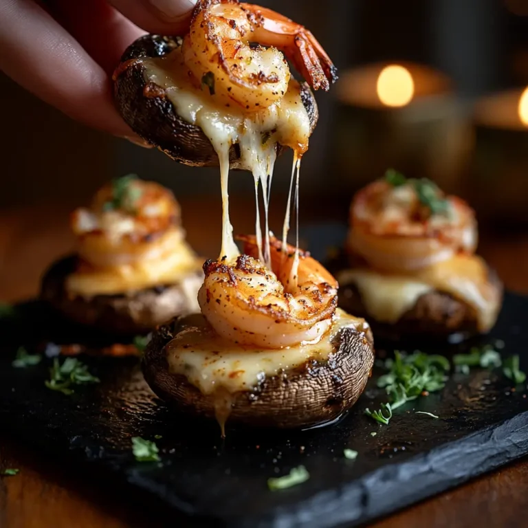 Close-up of Cajun shrimp-stuffed mushrooms with melted cheese pull and golden shrimp on top.