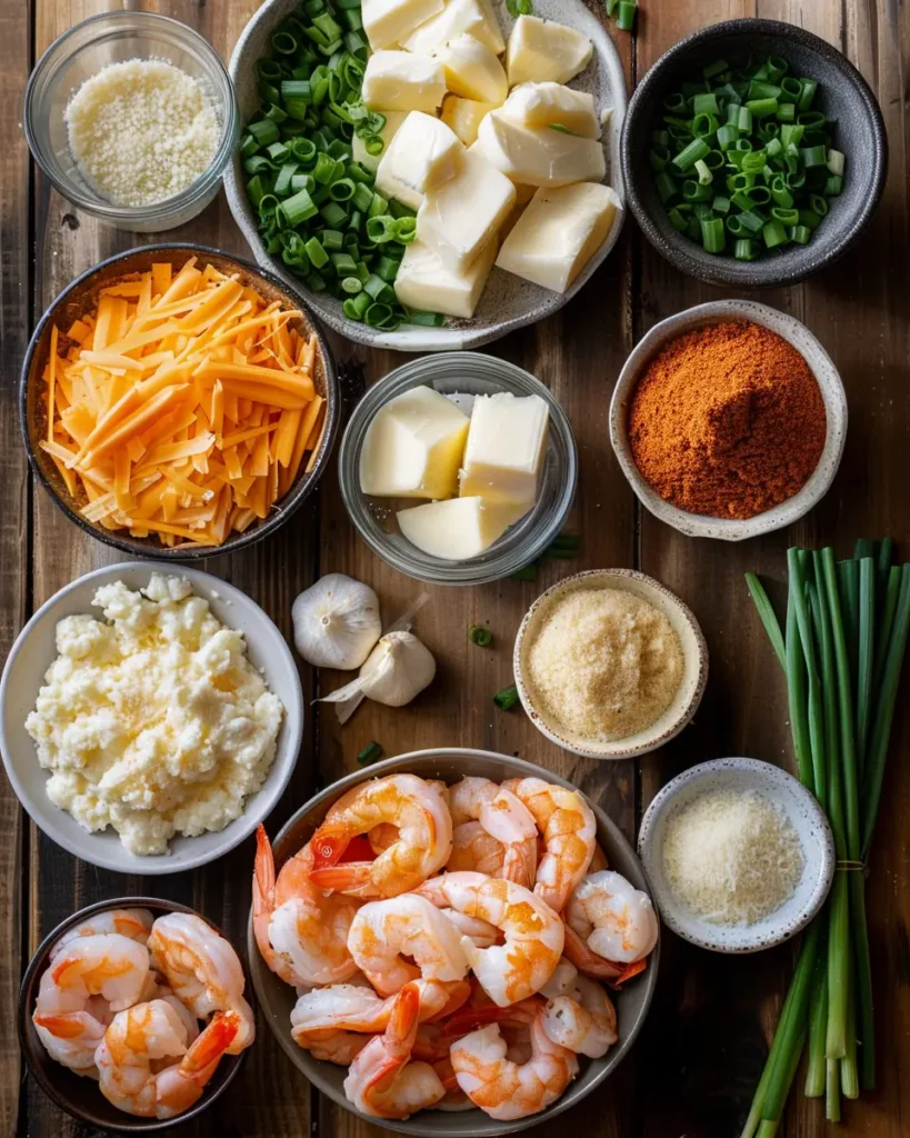 Ingredients for cheesy shrimp and grits bake arranged on a kitchen counter  