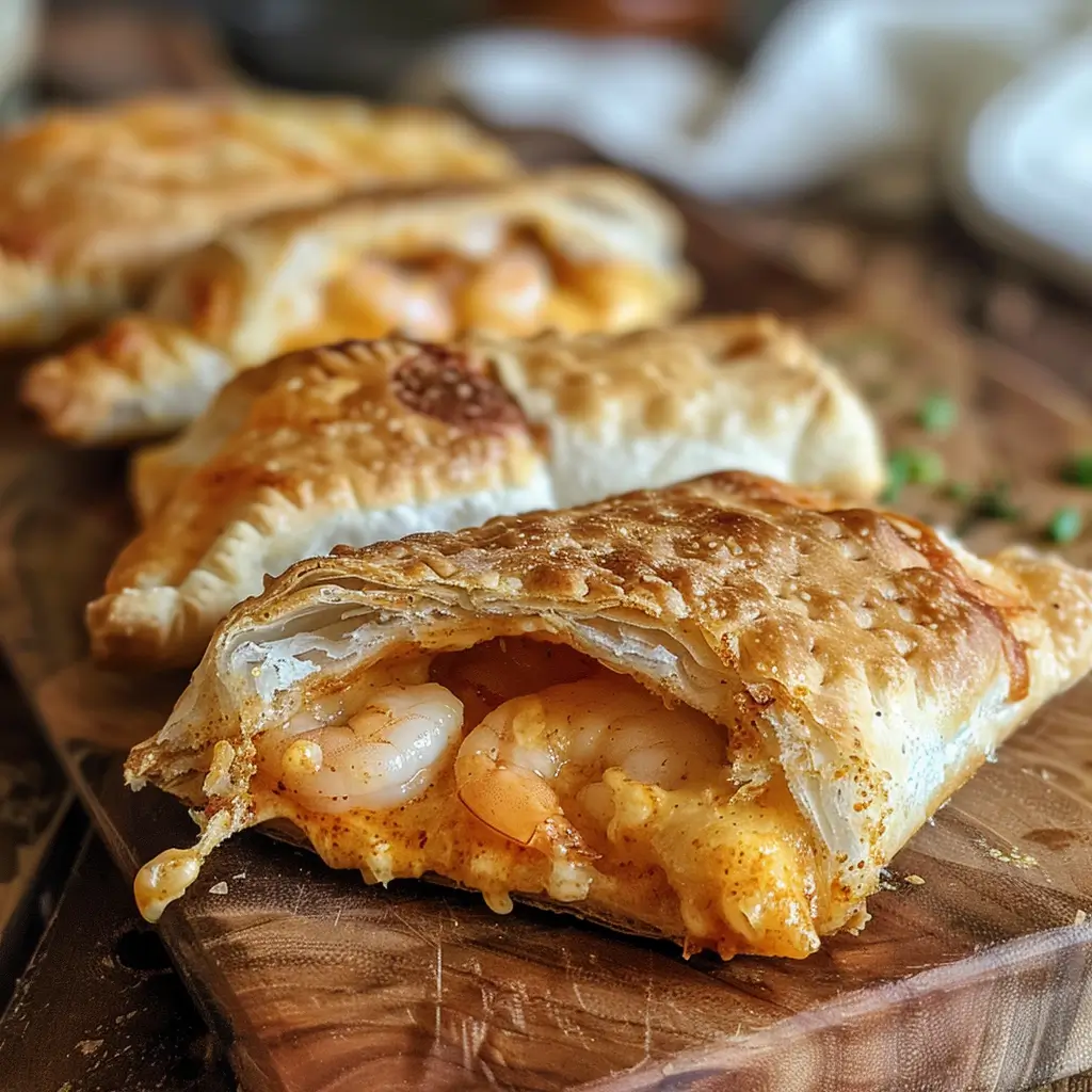 Cajun Hot Pocket Sliders with Shrimp & Cheese freshly baked on a rustic board