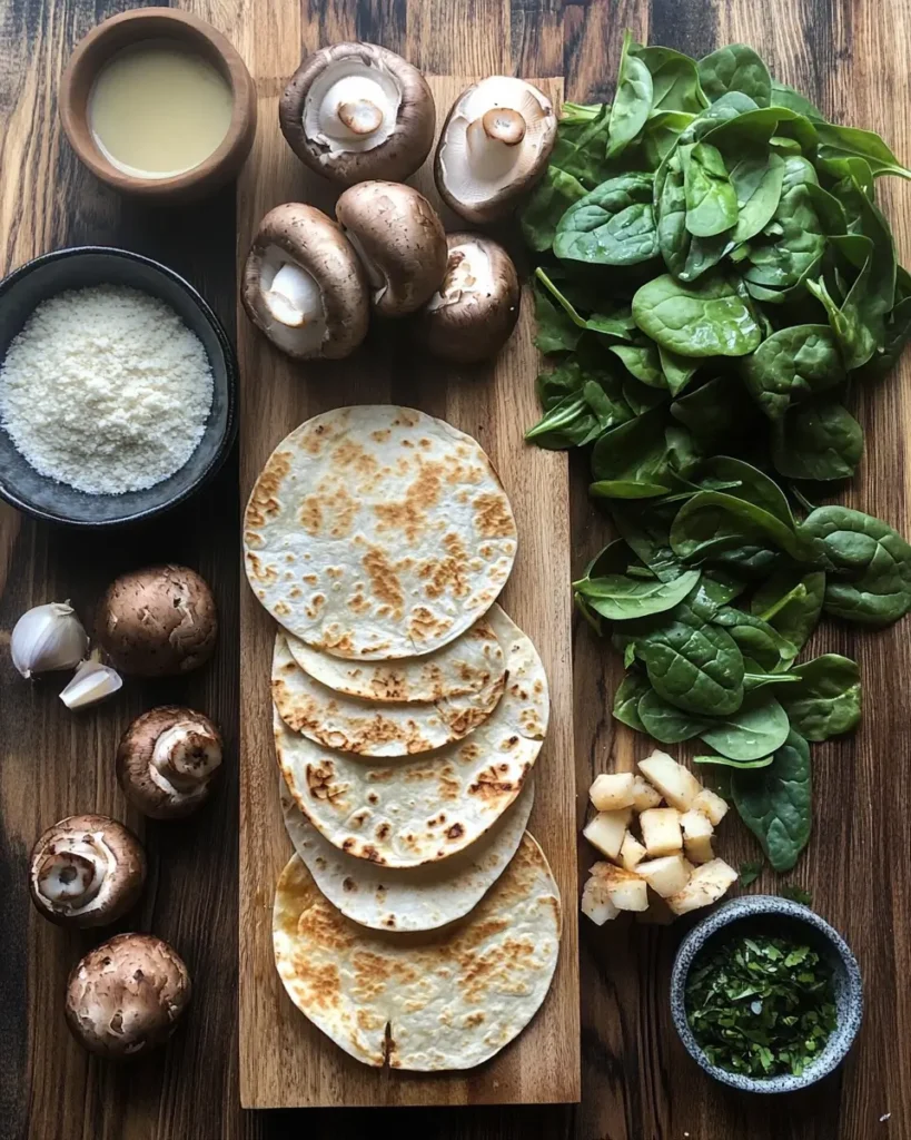 fresh ingredients for Sizzling Spinach and Mushroom Quesadillas