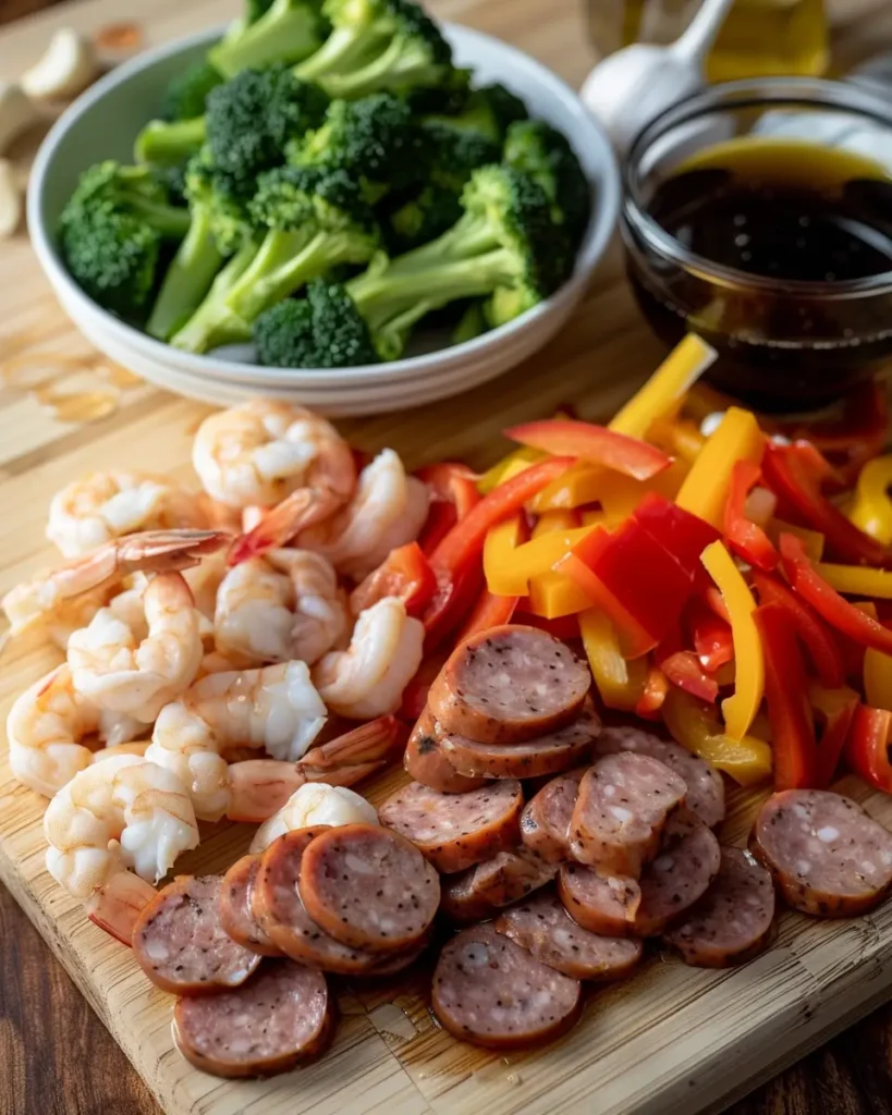 Ingredients for shrimp and sausage stir fry arranged on counter  