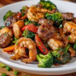 Close-up of shrimp and sausage stir fry plated for dinner