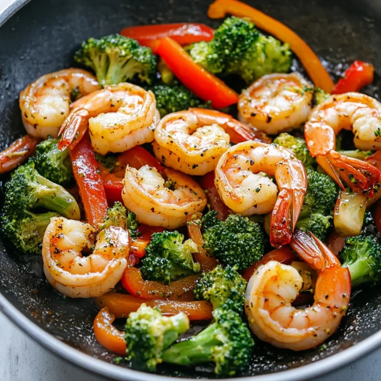 Close-up of shrimp and sausage stir fry plated for dinner
