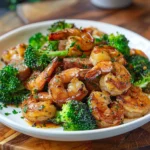 Close-up of shrimp sausage and broccoli recipe plated beautifully