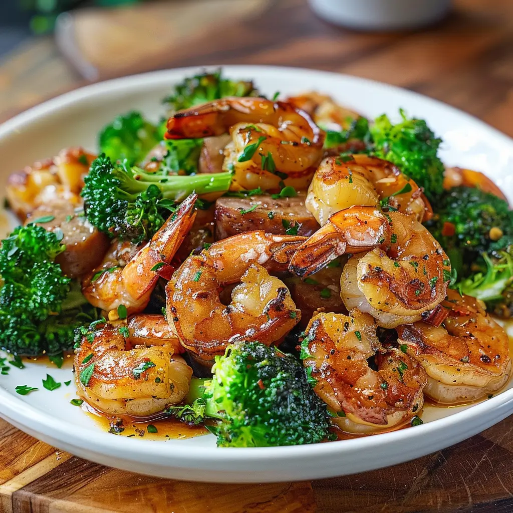 Close-up of shrimp sausage and broccoli recipe plated beautifully