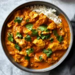 A beautifully plated serving of Chicken Tikka Masala with natural lighting on a clean background.