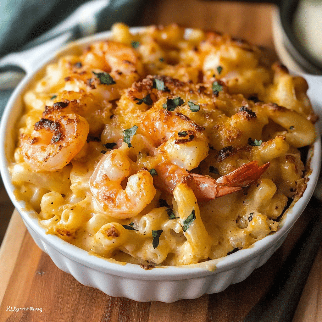 A beautifully plated serving of Crab and Shrimp Macaroni Pie with natural lighting on a clean background.