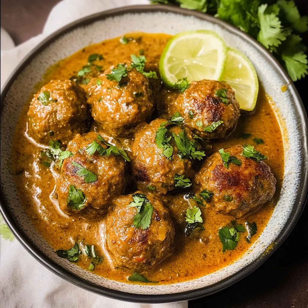 A beautifully plated serving of Creamy Coconut Curry Meatballs with natural lighting on a clean background.
