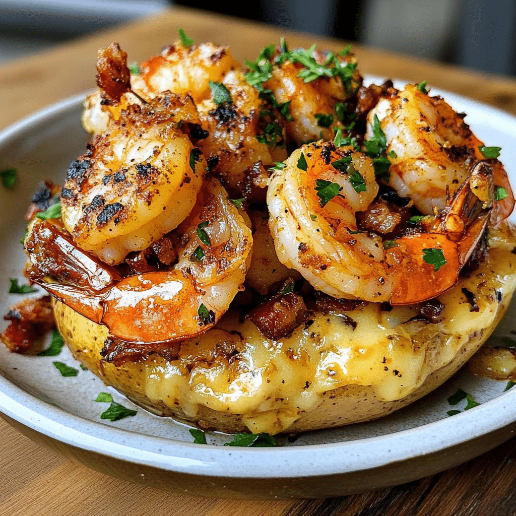 A beautifully plated serving of Grilled Shrimp and Bacon Potato Bowls with natural lighting on a clean background.