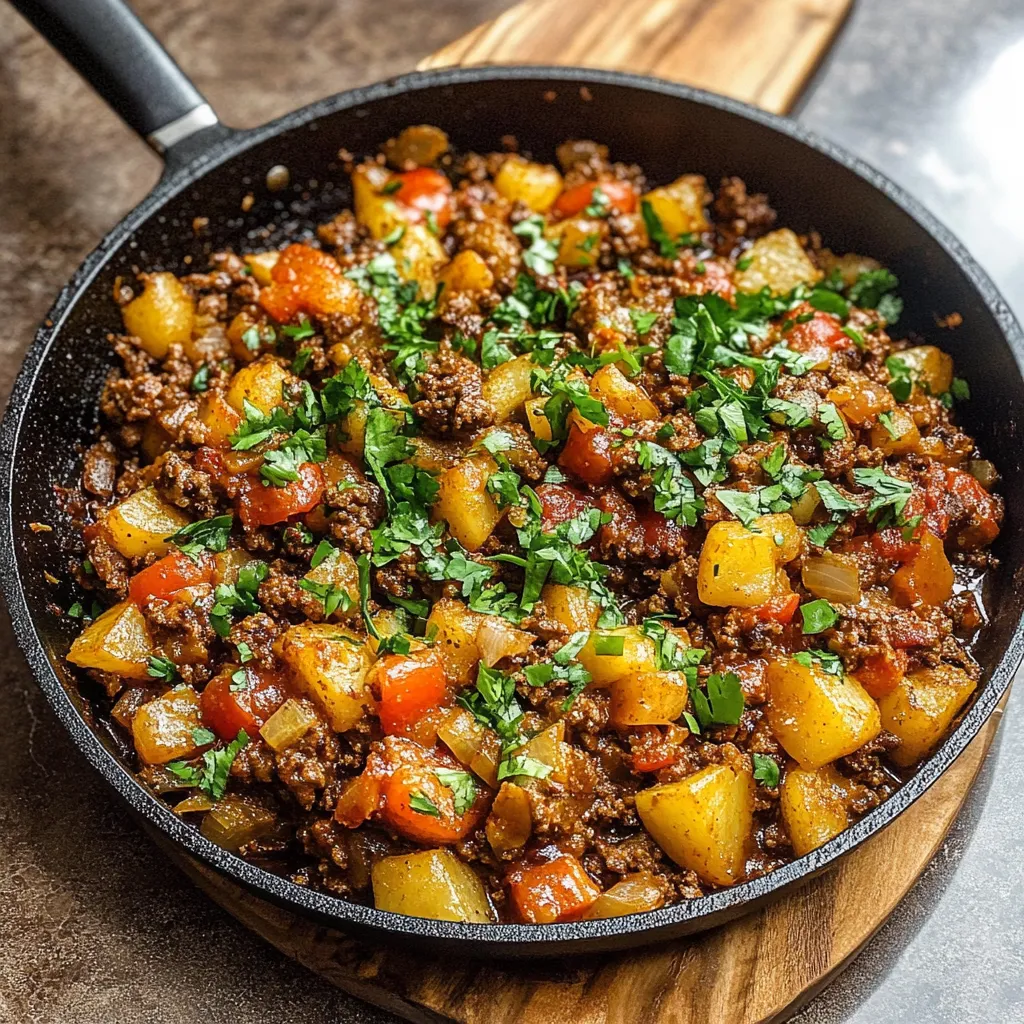 A beautifully plated serving of Mexican Ground Beef and Potato Skillet with natural lighting on a clean background.