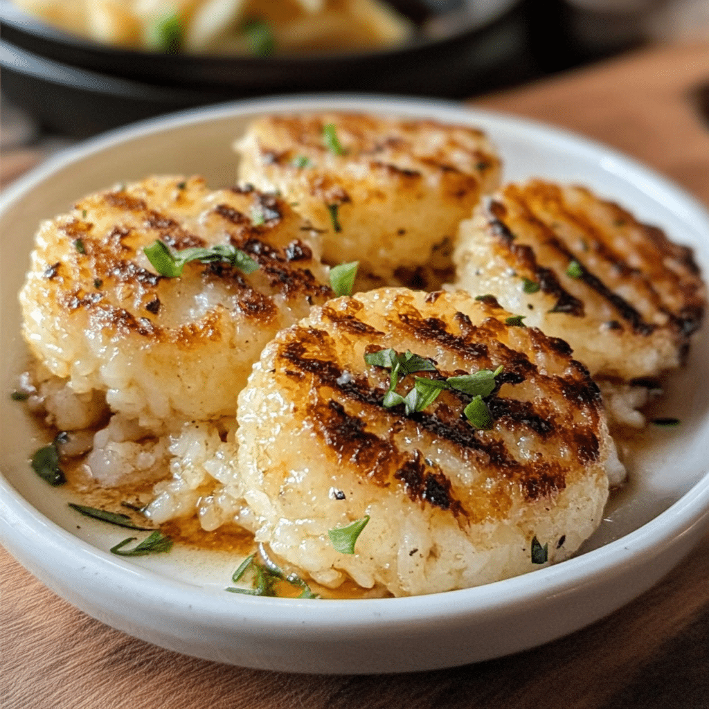 A beautifully plated serving of Shrimp and Garlic Parmesan Rice Cakes with natural lighting on a clean background.
