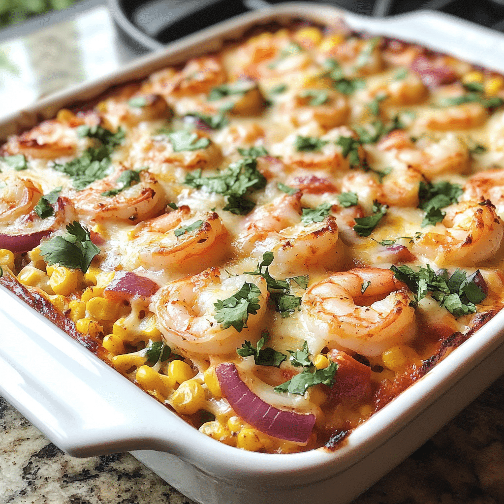 A beautifully plated serving of Shrimp and Sweet Corn Queso Bake with natural lighting on a clean background.