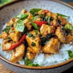 A beautifully plated serving of Spiced Coconut Basil Chicken with natural lighting on a clean background.