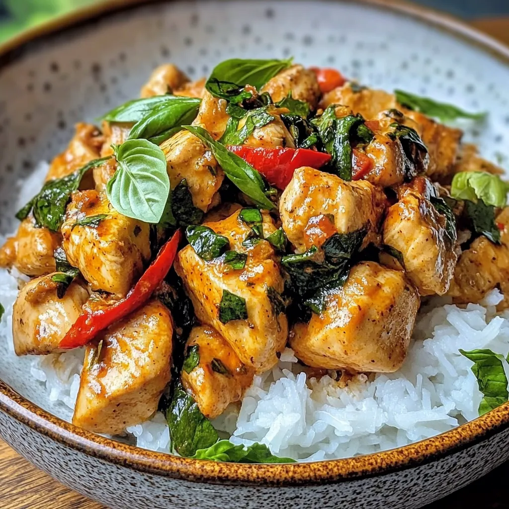 A beautifully plated serving of Spiced Coconut Basil Chicken with natural lighting on a clean background.