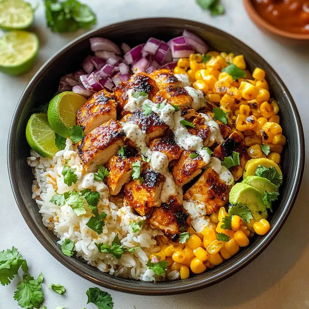 A beautifully plated serving of Street Corn Chicken Bowl with natural lighting on a clean background.