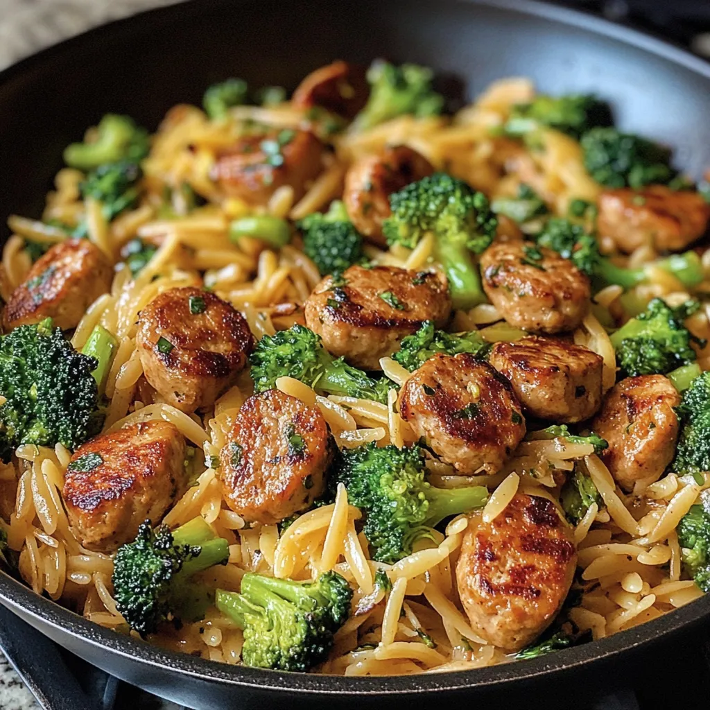 Photo of featured for Savor the Flavor: One-Pan Chicken Sausage with Broccoli and Orzo Skillet Delight