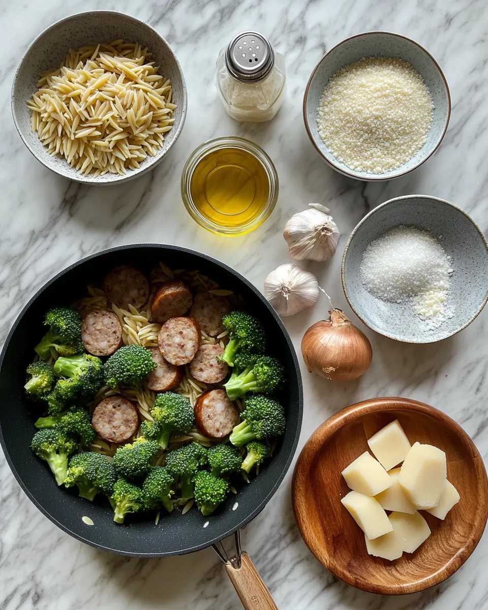 Ingredients for Savor the Flavor: One-Pan Chicken Sausage with Broccoli and Orzo Skillet Delight