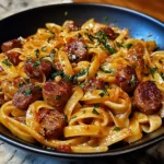 Photo of featured for Savor the Sweet and Savory Delight of Honey Garlic Sausage Pasta Skillet