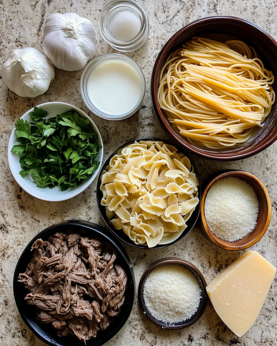 Ingredients for Irresistibly Creamy Slow Cooker Garlic Beef Pasta: A Comfort Food Delight