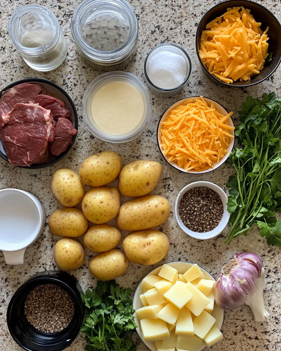 Ingredients for Irresistibly Comforting Slow Cooker Steak and Cheddar Potato Casserole Delight