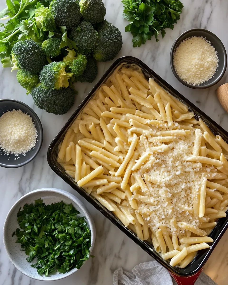 Ingredients for Cheesy Baked Ziti with Broccoli and Creamy Alfredo Magic