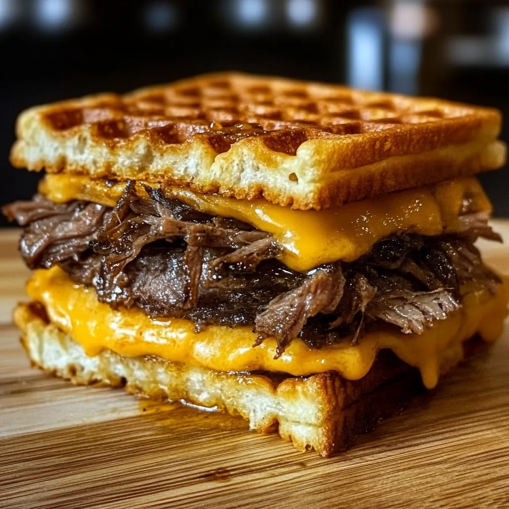 Photo of featured for Indulge in the Ultimate Bourbon-Maple Brisket Grilled Cheese Wafflewich Delight