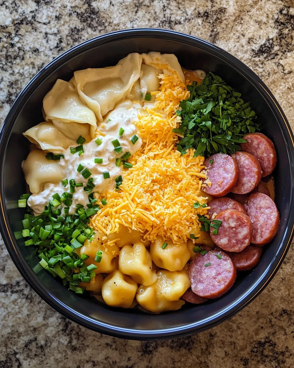 Ingredients for Hearty Crockpot Pierogi Casserole with Kielbasa for Cozy Nights