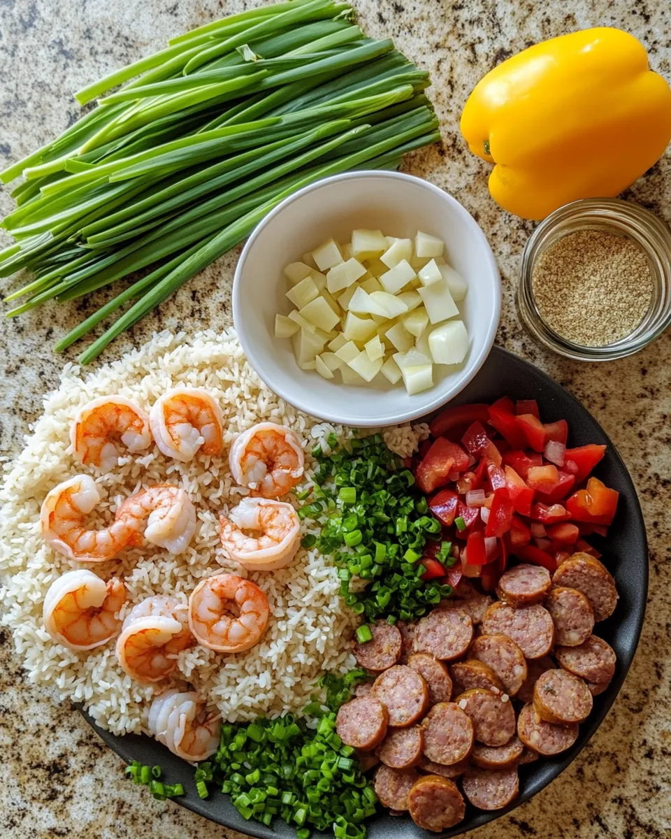 Ingredients for Savory Simplicity: Easy Shrimp and Sausage Dirty Rice Delight
