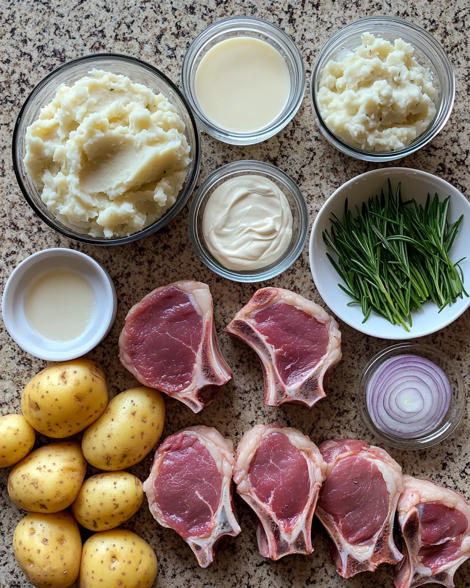 Ingredients for Savory Garlic Lamb Chops Paired with Creamy Mashed Potatoes Delight