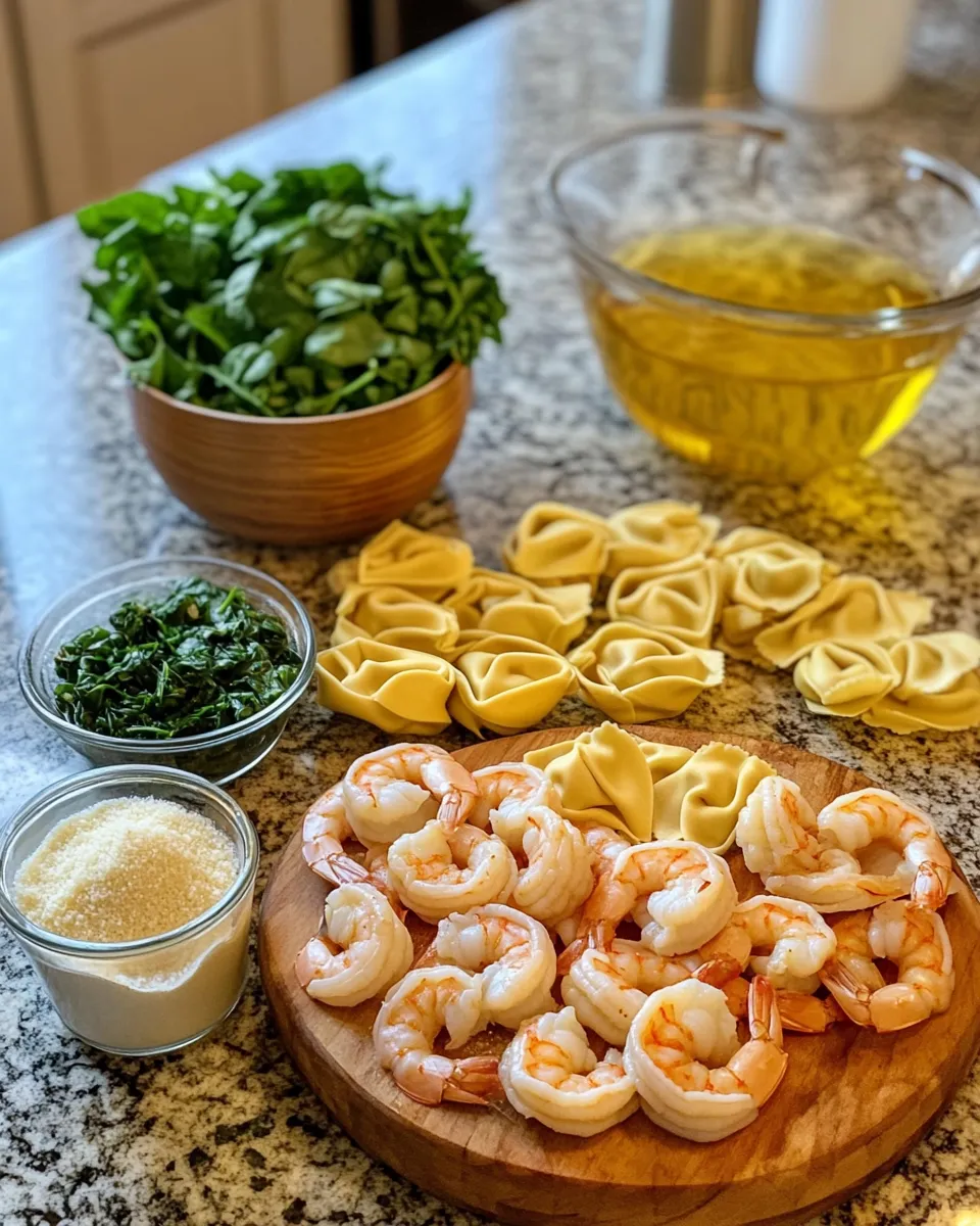 Ingredients for One Pot Wonder: Shrimp and Creamy Garlic Tortellini Delight