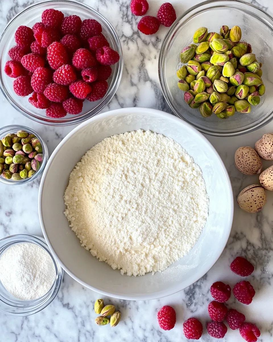 Ingredients for Raspberry Pistachio Cake Extravaganza: A Flavorful Fusion of Nutty Delight and Berry Bliss