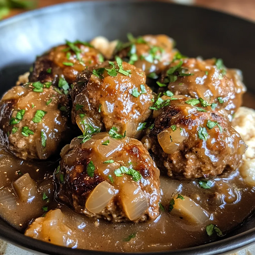 Photo of featured for Savory Salisbury Steak Meatballs Smothered in Beefy Onion Gravy
