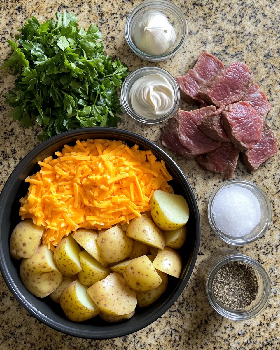 Ingredients for Heavenly Slow Cooker Steak and Cheddar Potato Casserole: A Comfort Food Dream